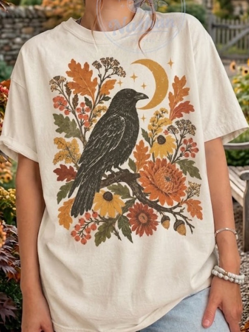 Off White T-Shirt with Black Raven & Autumn Floral Print